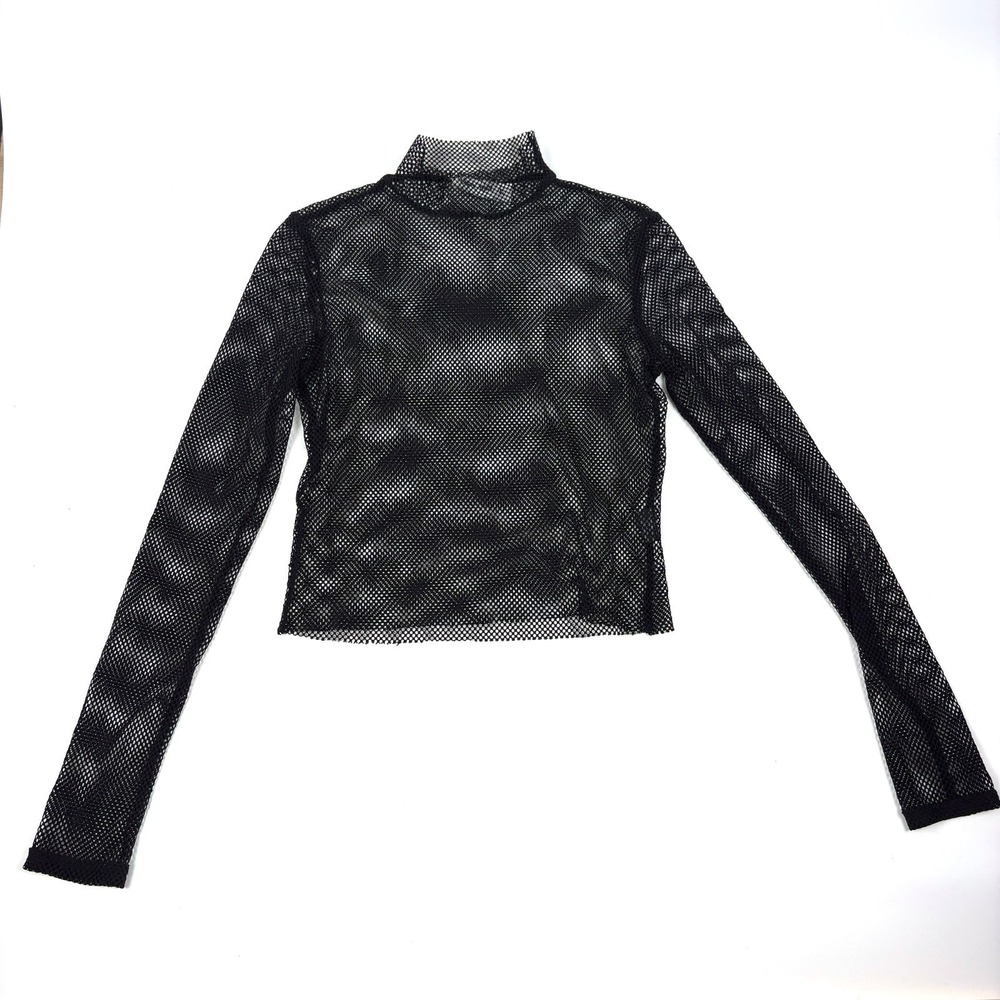 Tiger Mist Knit Fishnet Top Womens Sz L Black Mock Turtleneck L/S Crop Goth